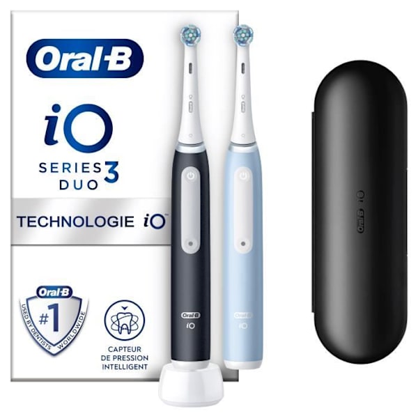 Oral-B iO 3 2 kpl pakkaus, musta ja sininen sähköhammasharja, 2 harjaspäätä, 1 matkalaukku Svart