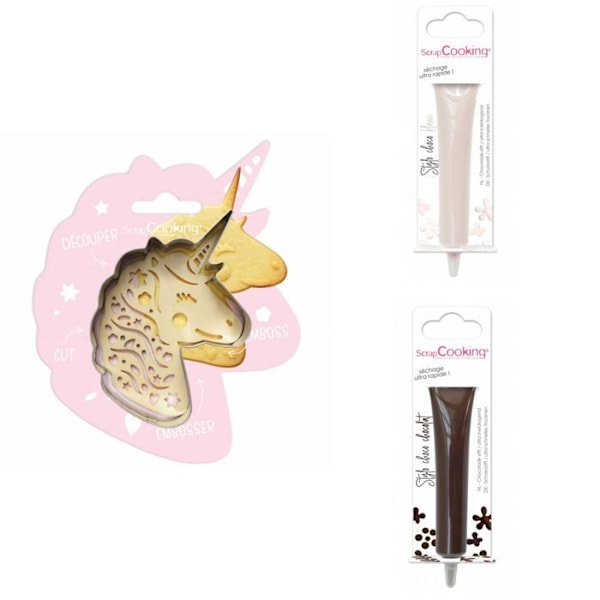 Unicorn præget kiksesæt + 2 hvide og brune chokoladepenne Grå