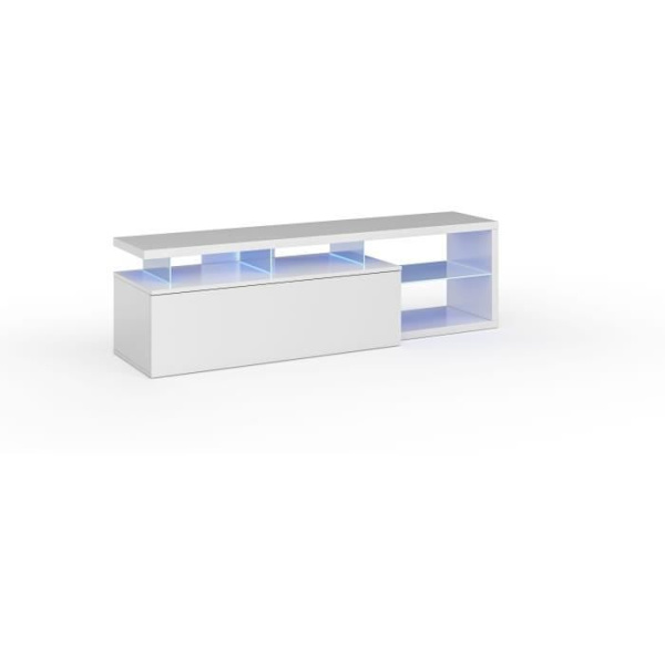 BLUE-TECH vändbar TV-enhet - Vitlackerad melamin - 1 nedfällbar dörr - LED - Blank vit - L150 x D41 x H43 cm lysande vit