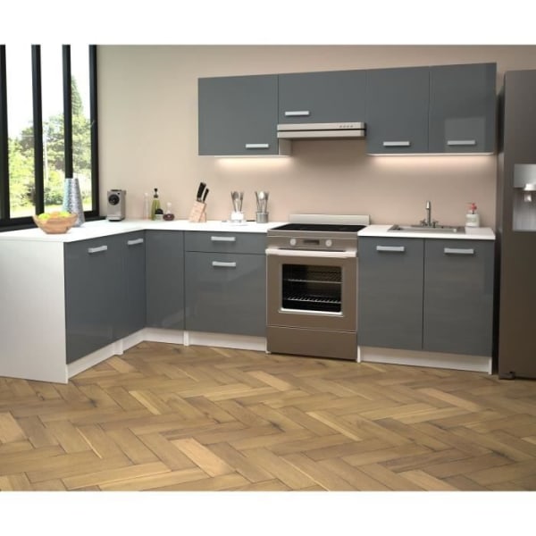 START Komplet hjørnekøkken - Hvid melamin - Blank grå polymerfront - L290 x D150 cm - Bordplade medfølger - BERLIOZ