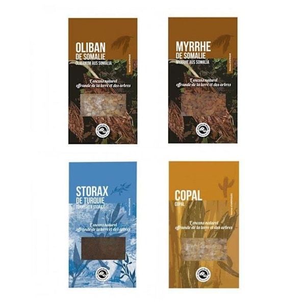 4 røgelse harpikser at brænde - Frankincense, Myrra, Copal, Storax Gul