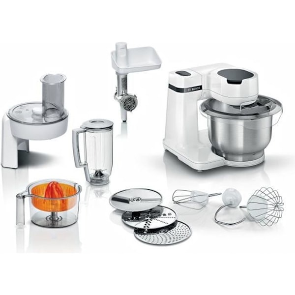 Køkkenmaskine Serie 2 BOSCH - Foodprocessor - 700W - 4 hastigheder + turbo - 3,8 L røreskål i rustfrit stål - 1,25 L blender - Hvid