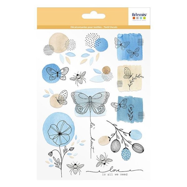 Stryk på textiltransfer A5 - insekter & blommor Blå, beige