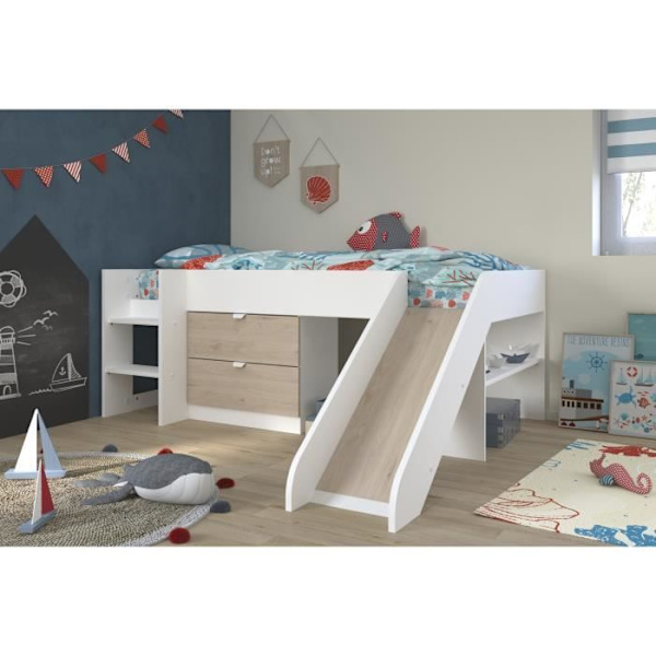 PARISOT SLIDE - Rutschbädd för barn - Vit och Jackson Ek dekor - Boxfjäder ingår - 90 x 200 cm Vit / Jackson ek
