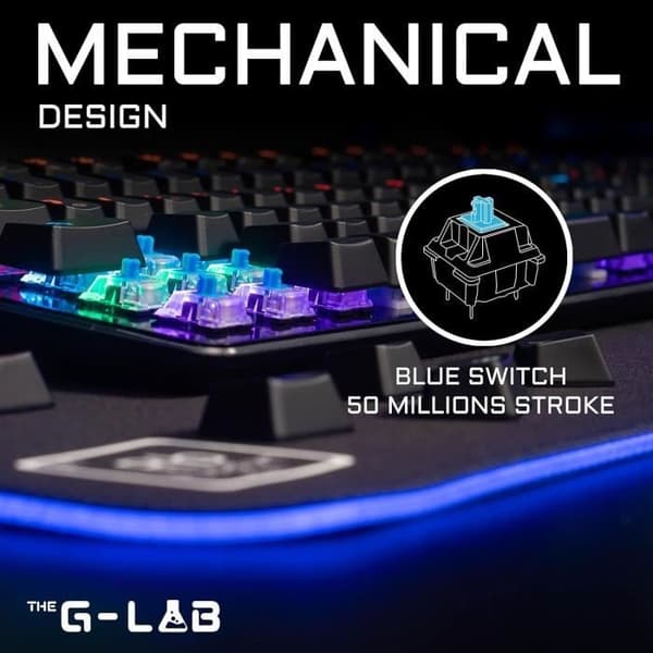 Speltangentbord - The G-Lab - KEYZ CARBON E - Mekanisk (blå switch) - Regnbåge - Låg profil - Handledsstöd - Kabel - Svart