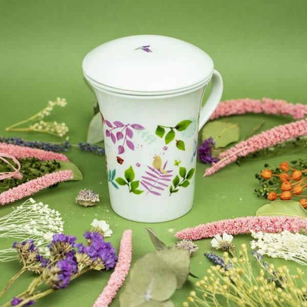 Blommig porslinstekanna 250 ml + Trio av festliga örtteer - Vinterkvällar, jul, apelsinkanel Vit