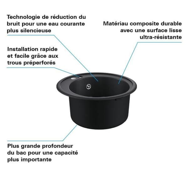 Evier komposit - GROHE - K200 - 1 skål - Indbygningsmodel - Sort - Rund Sort