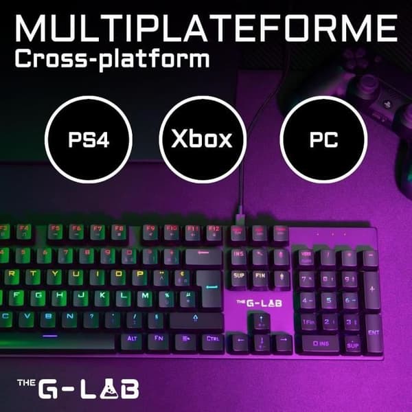 Speltangentbord - The G-Lab - KEYZ CARBON E - Mekanisk (blå switch) - Regnbåge - Låg profil - Handledsstöd - Kabel - Svart