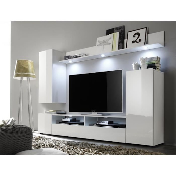 DOS TV kaappi - LED-valaistus mukana - 3 ovea - Matta ja kiiltävä valkoinen melamiini - L208 x S33 x K165 cm Matt vit och blank vit