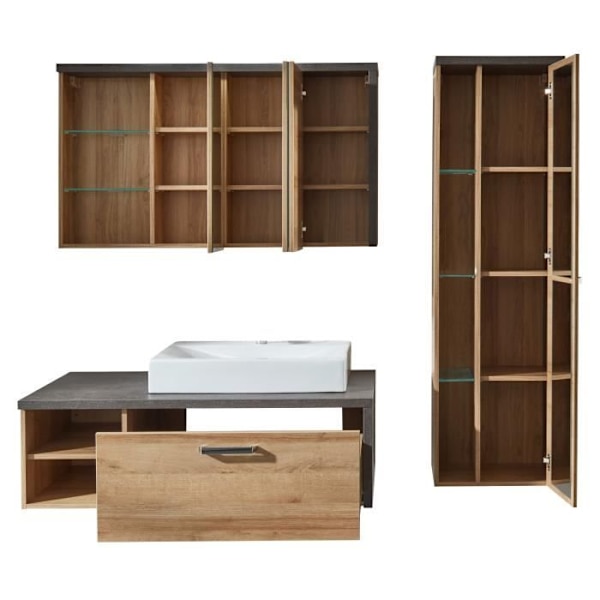 Sættet indeholder badeværelsesmøbler med vask + søjle + spejlskab - L186 x P53 x H198 cm - BAY Ekonomi honung och mörkgrå betong