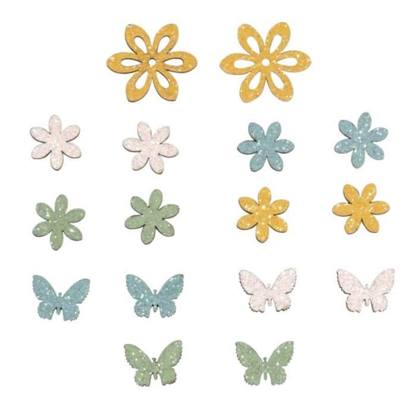 Miniaturer i træ Blomst + sommerfugl, 2,3-4cm, med klæbepunkt, sct.-LS 16 stk., Farvet