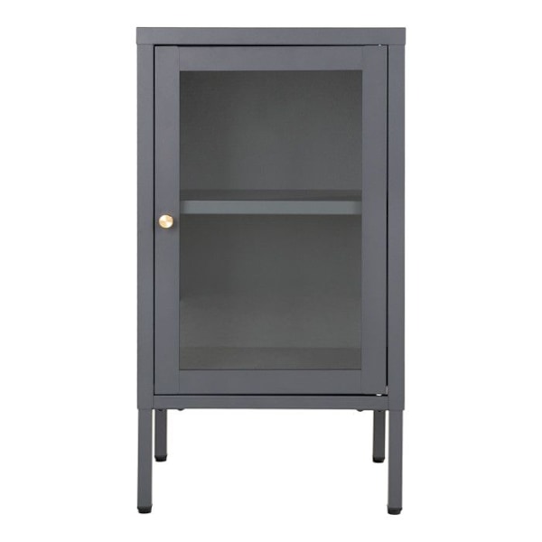 Liten 1-dörrars skänk 38x35x70 cm i glas och grå metall mörkgrå