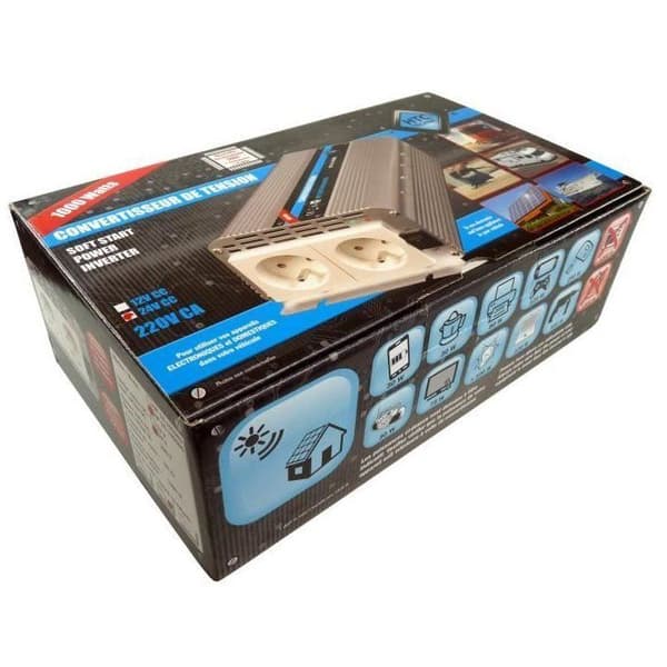 Spændingsomformer - HTC TECHNIC - 24V/220 V - Effekt 1000 W - Med 2 stikkontakter Grå