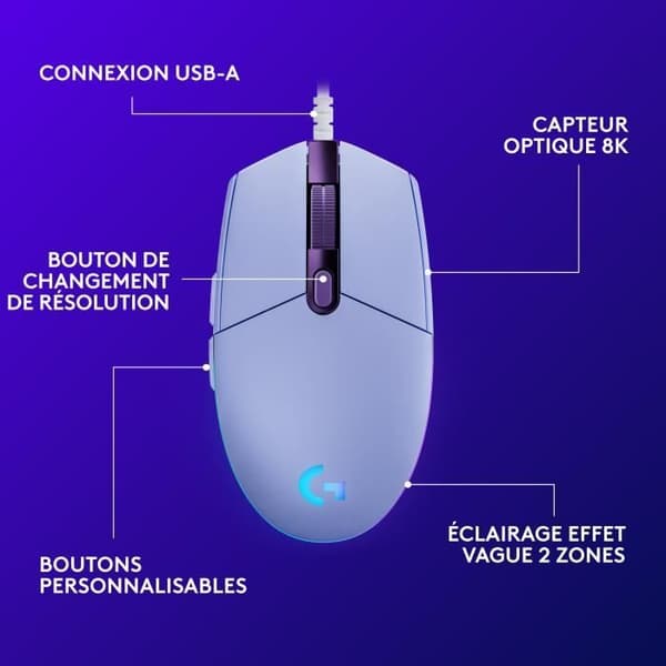 Gamer mus - Kablet - Logitech G - G203 - Lilla