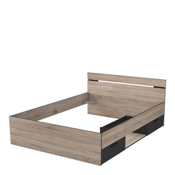 DEMEYERE Michigan Voksenseng 140x190 cm - 2 skuffer og 1 niche - Industriel - Børstet eg og sort indretning Borstad ek och svart