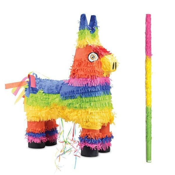 Piñata Æsel + stok Flerfärgad
