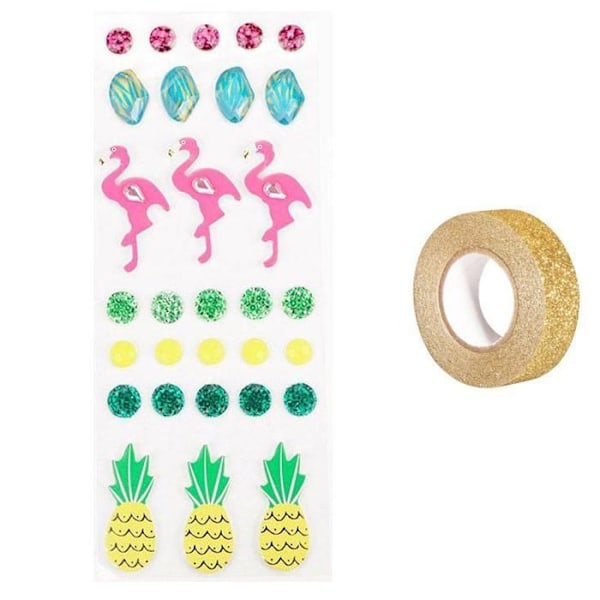 30 3D flamingo- ja ananastarraa + kultainen glitter maalarinteippi 5 m Rosa, guld, flerfärgad