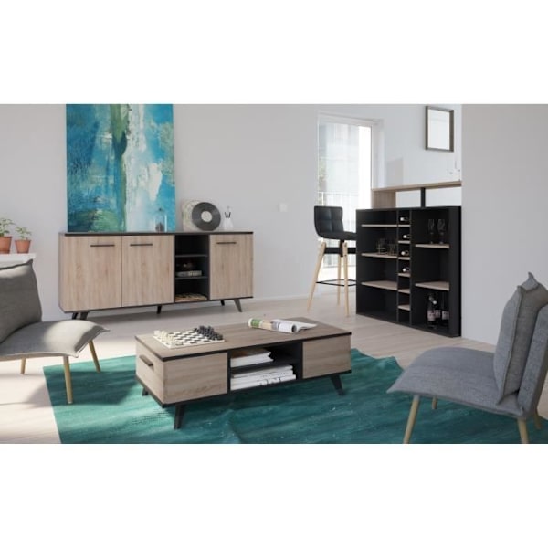 Lav skænk - Børstet eg og matsort indretning - Moderne - WAYNE - L 160,7 cm Borstad ek och mattsvart