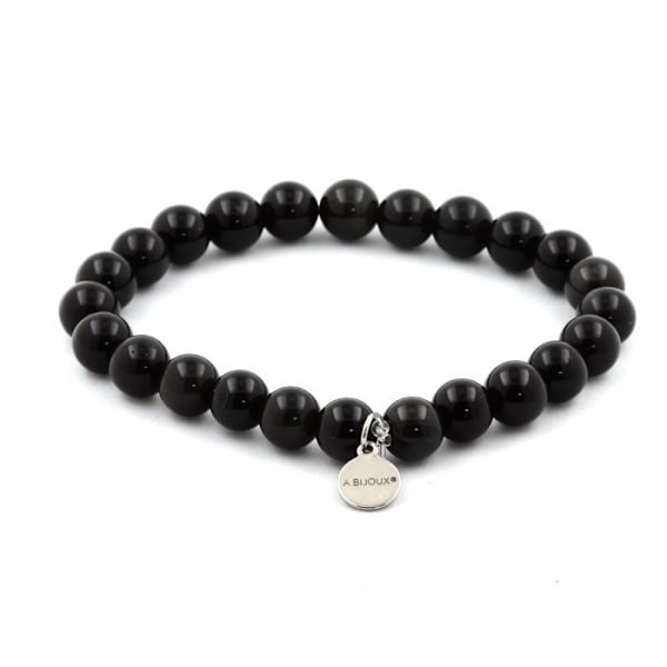 Sten og mineraler. Sort Obsidian Beads Armbånd 8 mm. Fremstillet i Frankrig. Svart