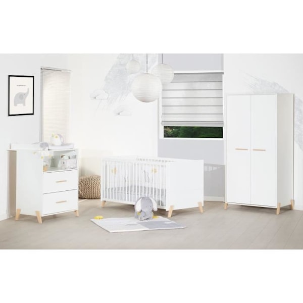 Jatkettava sänky - 140x70cm - Babyprice Joy Natural - Valkoinen luonnonpuisilla jaloilla VIT