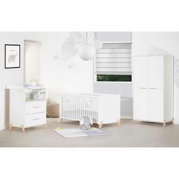 Utdragbar säng - 140x70cm - Babyprice Joy Natural - Vit på naturliga träben