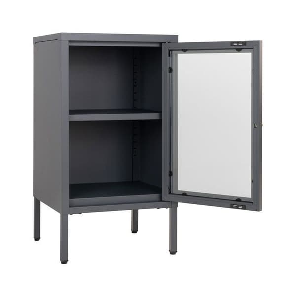 Liten 1-dörrars skänk 38x35x70 cm i glas och grå metall Grå
