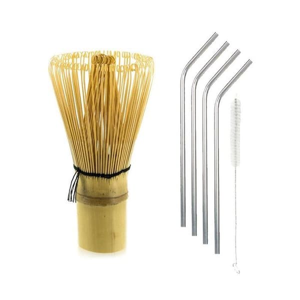 Bambu Matcha tevisp + 4 sugrör i rostfritt stål