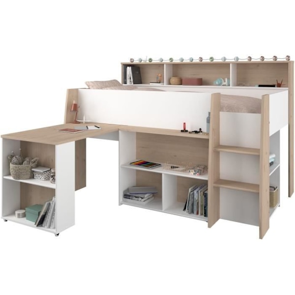 PARISOT Kombinerad barnsäng med utfällbart skrivbord - Vit och ekdekor - 90x 200 cm - Boxfjäder ingår -THEO Vitt och ek