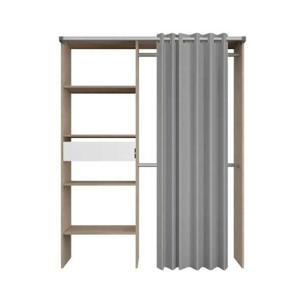 ARTIC omklædningsrumssæt med gardin - Eg dekoration - 1 søjle + 2 garderobeskabe + 1 skuffe - L 143,5 X D 48 X H 181,9 cm - EKIPA Ek
