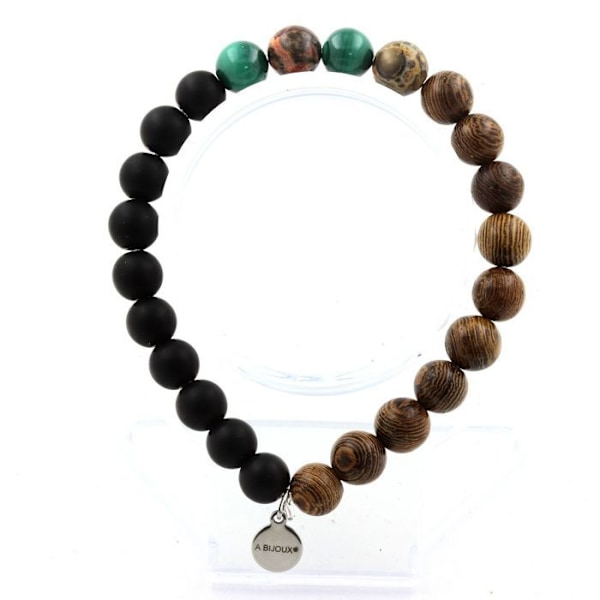 Sten og mineraler. Congo Malachite Beads Armbånd + Leopard Jaspis + Mat Sort Onyx + Fremstillet i Frankrig. Grön, svart, brun