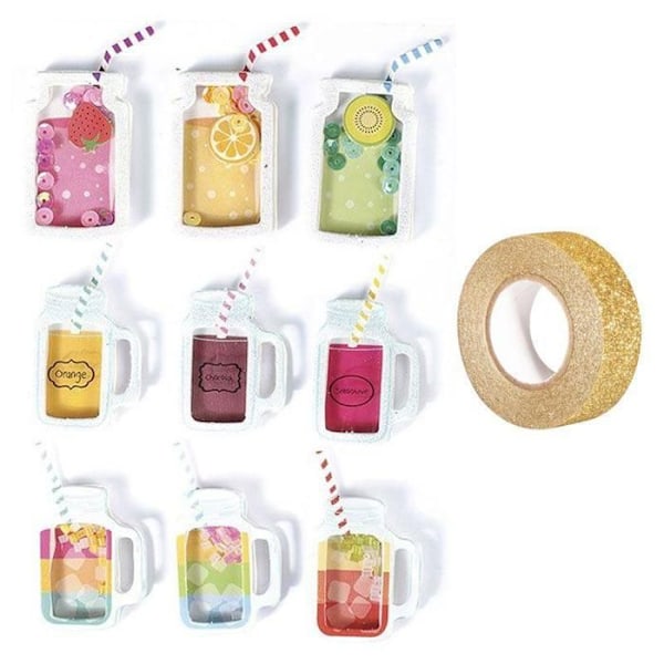 9 3D klistermærker Mason krukke drinks 5 cm + guld glitter malertape 5 m Guld, transparent