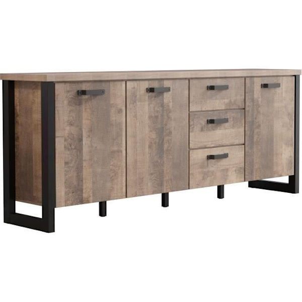 EMILE skænk - Tobaksbrun eg og matsort melamin - 3 låger + 3 skuffer - L214 x D45 x H86 cm - TRENDTEAM Tobaksbrun ek och mattsvart