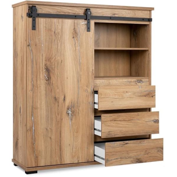 MANZANO skänk - Flagstaff Ek dekor - 1 skjutdörr + 3 lådor + 2 nischer - L120 x H140 x D40 cm Flagstaff ek