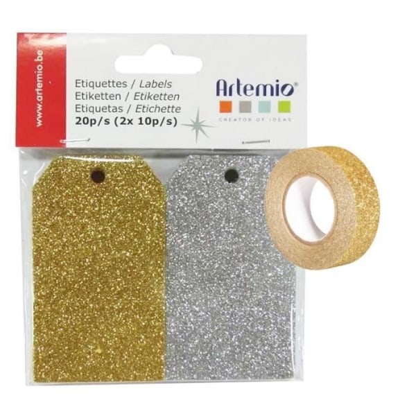 20 kultaa ja hopeaa glitteretikettejä + kultainen glitter maalarinteippi 5 m Guld, Sølv