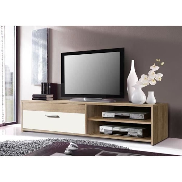 PILVI tv-møbel - Moderne stil - Melaminpartikler - Eg og hvid indretning - 1 klap + 2 nicher - L 120 x D 42 x H 32 cm Sonoma ek / Vit