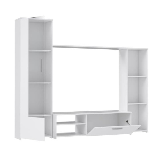 PILVI TV vægmodul - Melaminpartikler - Mat hvid indretning - glasdør + 1 klap + 5 nicher - L220 x D41 x H177,5 cm Matt vit