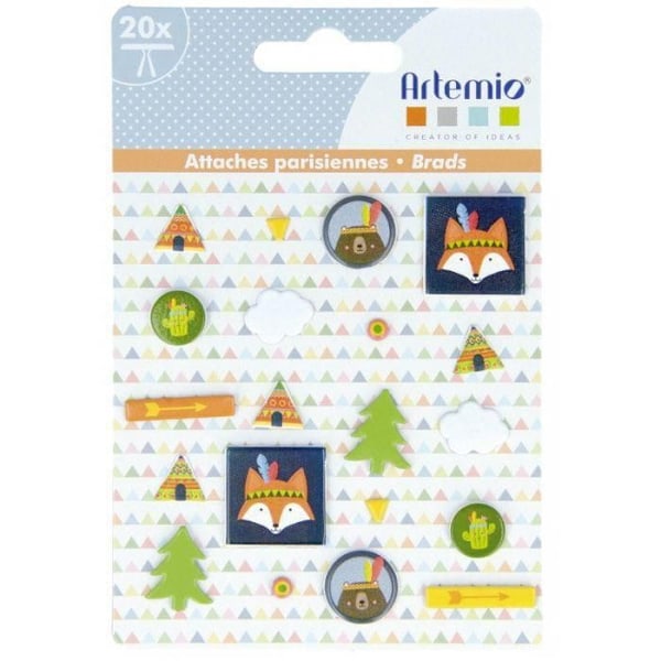 Brads - Totem - Fox - 20 stycken - Mått 0,5 till 2 cm - Olika mönster Räv, triangel, tipi, moln, träd, pi