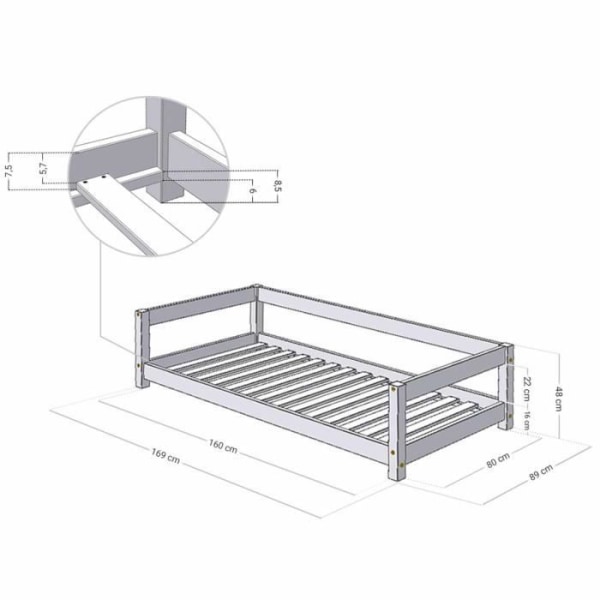 Montessori barnsäng naturligt massivt trä lackat 80 x 160 cm - Benlemi - STUDIE - 1 plats - Vit - Barn Lackerat naturligt massivt trä