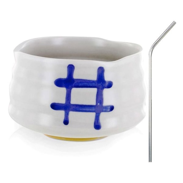 Vit Chawan japansk ceremoniskål + 4 sugrör i rostfritt stål
