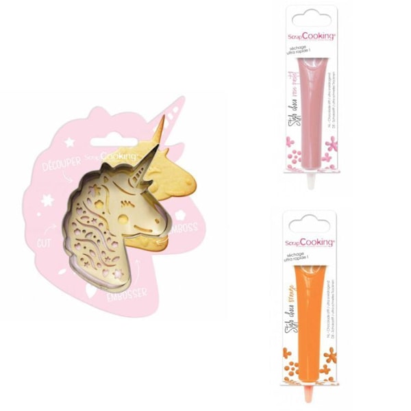 Unicorn præget kiksesæt + 2 pastellyserøde og orange chokoladepenne Grå