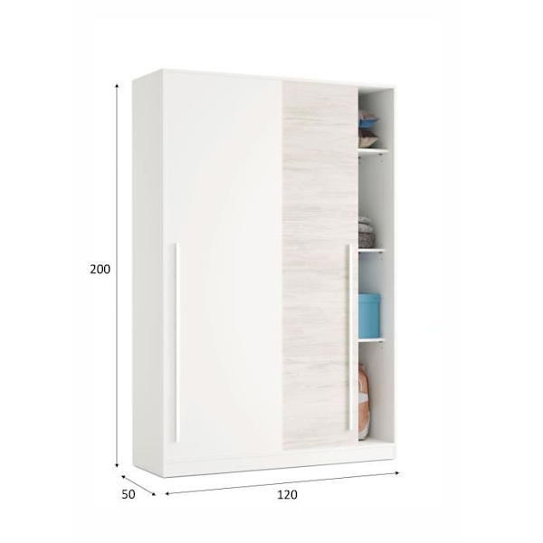 TOP vaatekaappi - Artik valkoinen ja noditammi sisustus - 2 liukuovea - L200 x K121 x S50 cm Nodi ek och vit artik