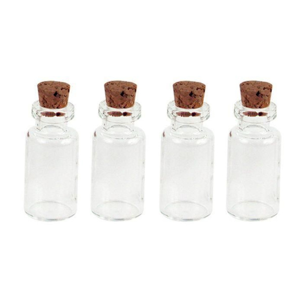 4 mini glasflaskor 2,4 cm med korklock. Transparent