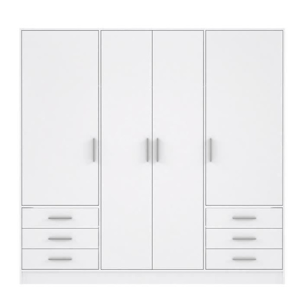 Vaatekaappi 4 saranoitua ovea + 6 laatikkoa - Lastulevy - Matta valkoinen - P 206,5 x S 60 x K 200 cm - JUPITER Vit