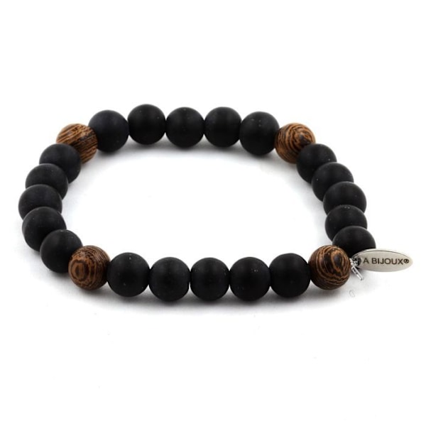Sten og mineraler. Armbånd Mat sorte Onyx perler + træ 8 mm. Fremstillet i Frankrig. Svart