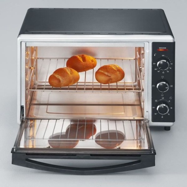 Mini SEVERIN TO2058 roterende varmeovn 42 L, pizzasten og grillspyd, 1.800 W fritstående ovn, 120 min timer, Sort/rustfrit stål