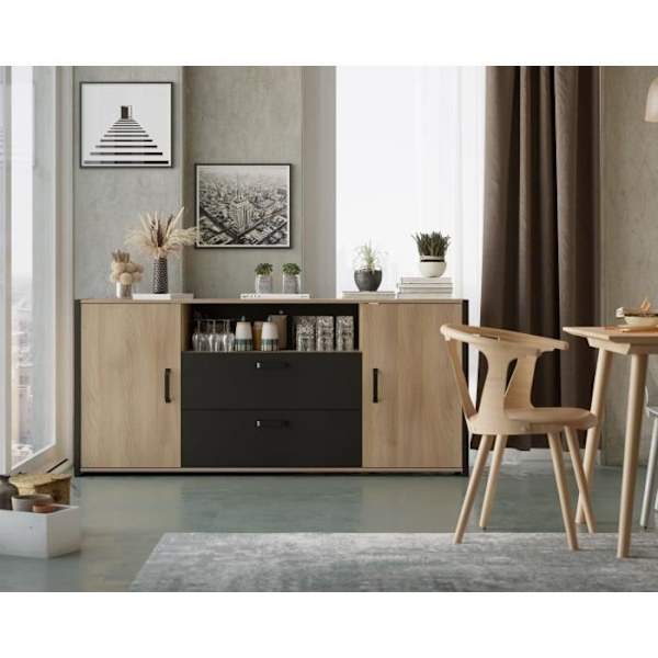 Eg og sort melamin skænk - industriel stil - L 180x40 x 84 cm Ek och svart