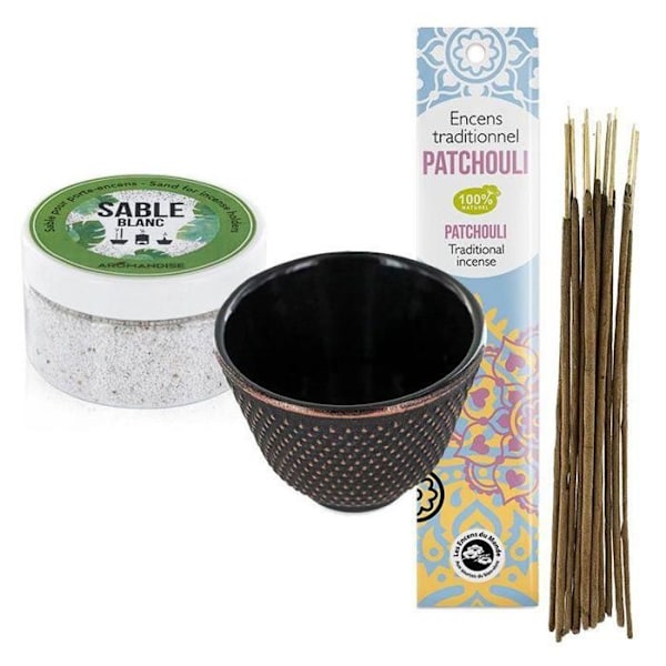Røgelsesstand med sort støbejern + hvid sand + indisk røgelse med patchouli Svart