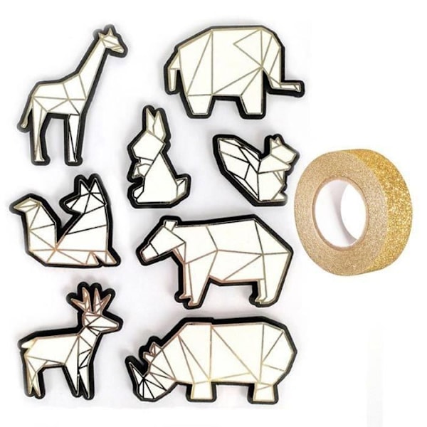 8 3D zoo dyreklistermærker 6 cm + guldglimmer malertape 5 m Guld, Flerfärgad