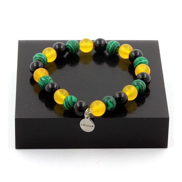 Sten og mineraler. Gul Agat + Malakit + Sort Agat Perler Armbånd 8 mm. Fremstillet i Frankrig. Gul svart