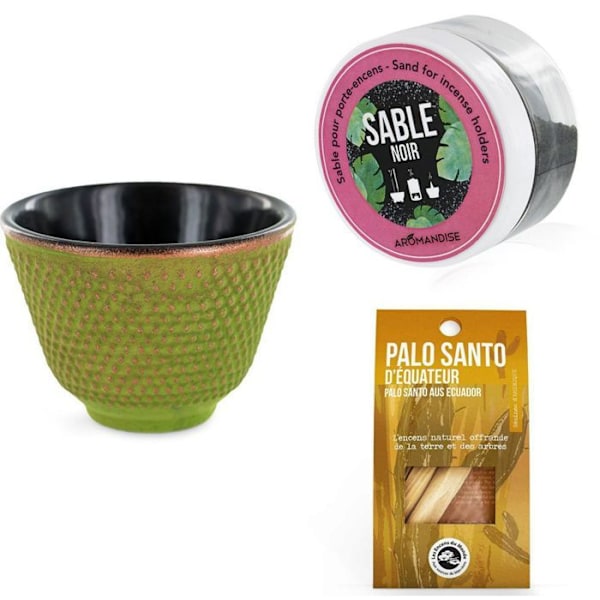 Rökelsehållare för grönt och guld + svart sand + Palo Santo pinnar Grön